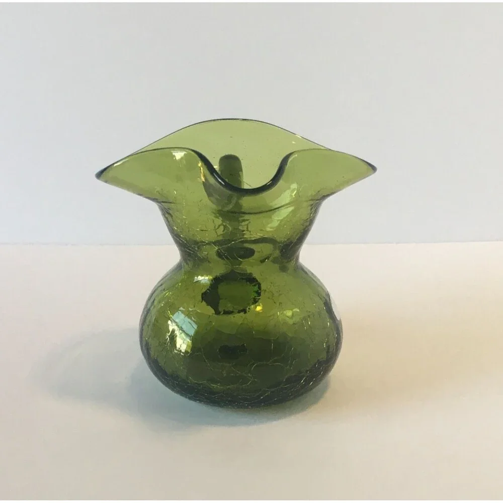 Vintage Rainbow Crackle Glass Pitcher Green Mid Century Art Glass Mini Pitcher